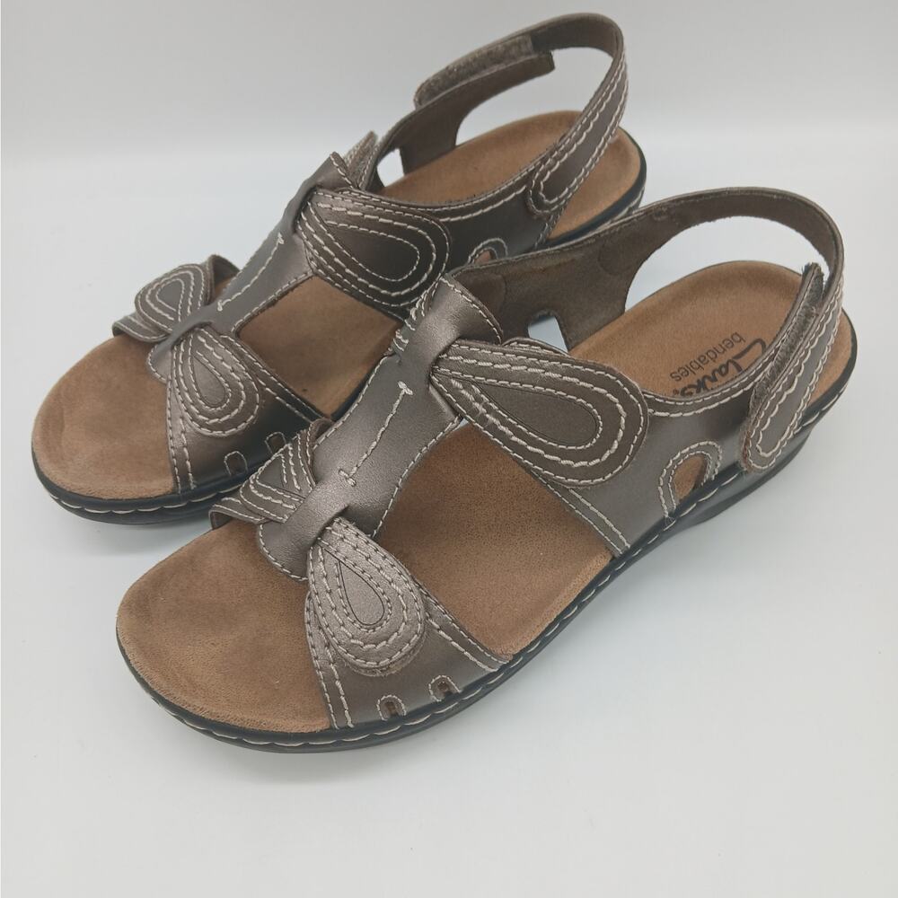 Clarks Bendables Lexi Wedge Sandals Leather Comfort Summer Pewter Bronze Size 8M